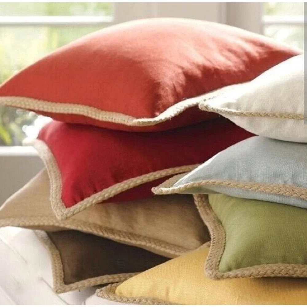 Pottery Barn Pillow Cover 16x26 Green Linen Braided Jute Trim Zip Close Coastal